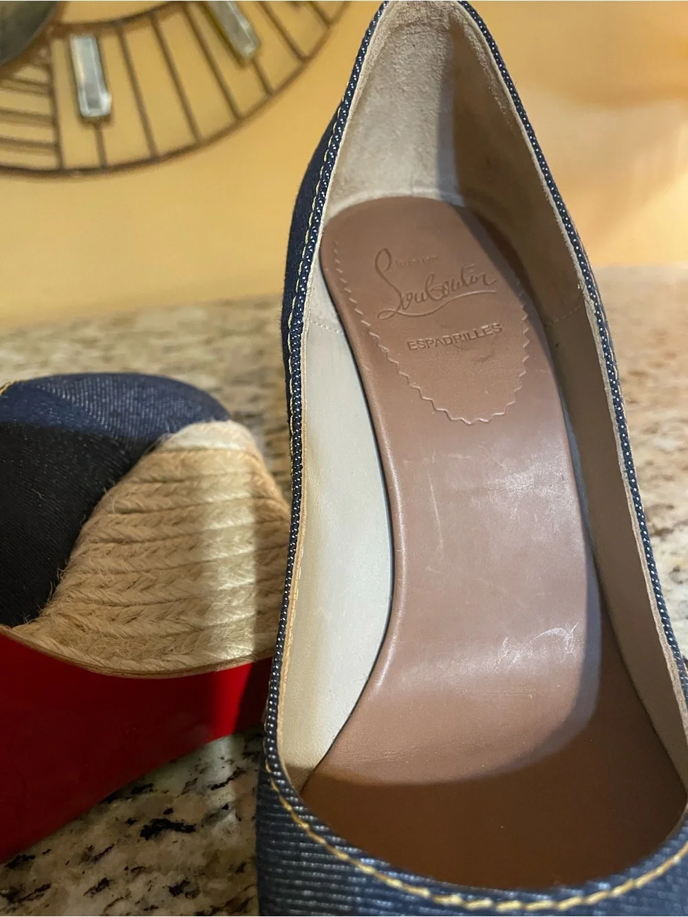 Christian Louboutin Navy Denim Pointed-Toe Pumps with Red Sole
